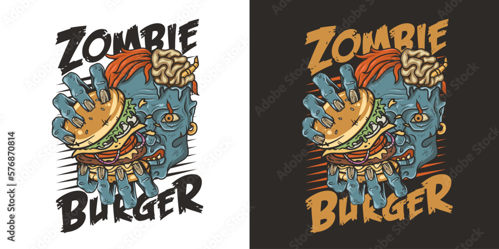 Zombie burger or american fast food or USA food with walking dead or undead with hamburger for logo or poster. Tasty burger in zombie hands