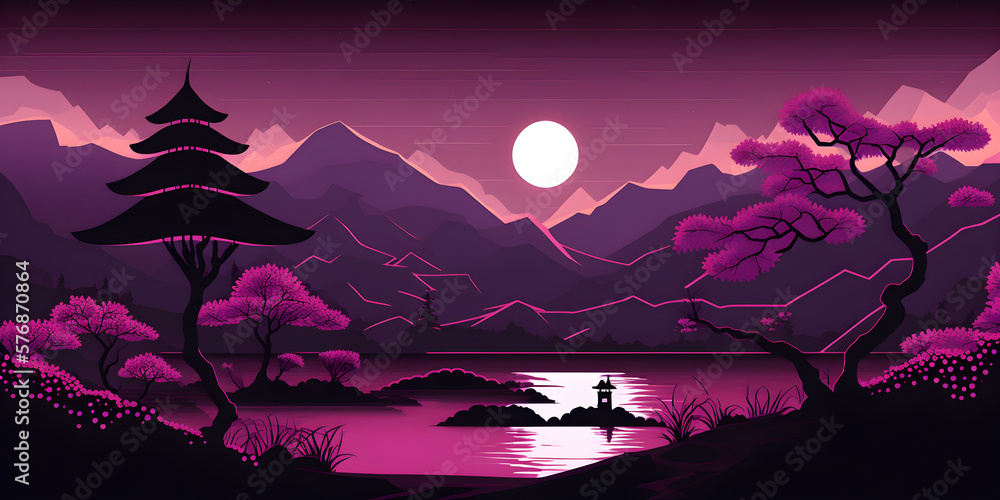 Landscape lake asian japanese tree with mountains and the moon flat art Generative AI