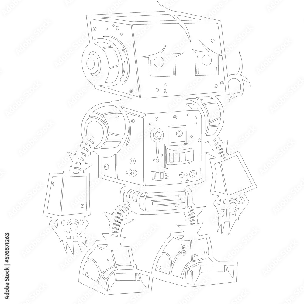 Cartoon style robot for children's or adult coloring book. Thin black lines. 