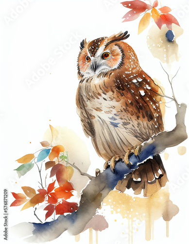 Beautiful Owl Japanese Style Watercolor Illustration Logo. Generative AI