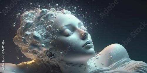 white sculpture of a woman with the eyes closed in 3d with little spheres