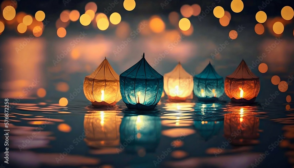Paper lanterns float on water. Floating Lantern Festival, Memorial Day