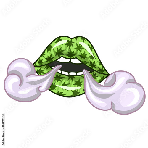 Lips with the image of Marijnauna. Lips let out smoke vector. cannabis weed