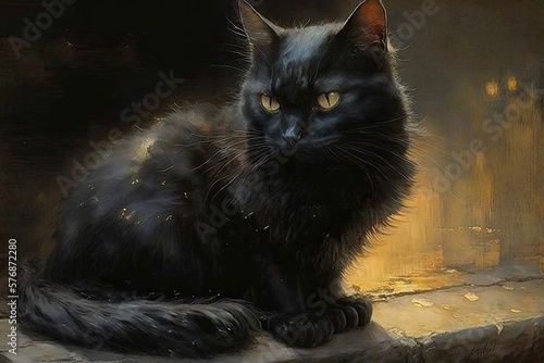 Black Cat. Classic oil painting portrait. Adorable kitty with soft fur and whiskers.