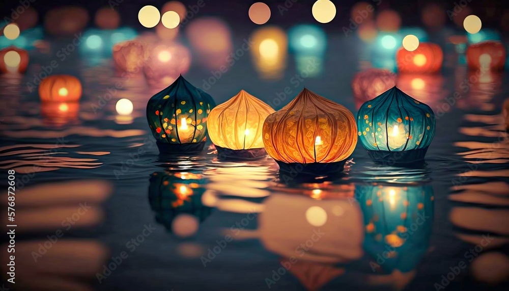 Paper lanterns float on water. Floating Lantern Festival, Memorial Day