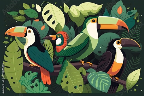 Tropical woodland bird. American monsoon season. A toucan with chestnut beaks, on a backdrop of verdant jungle. A group of monkeys in the tropical rainforest. In Costa Rica, they have animals photo