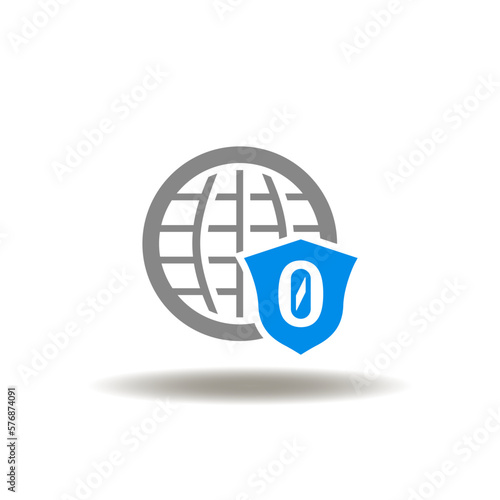 Vector illustration of world globe and shield with zero. Icon of zero trust. Symbol of cyber digital security.