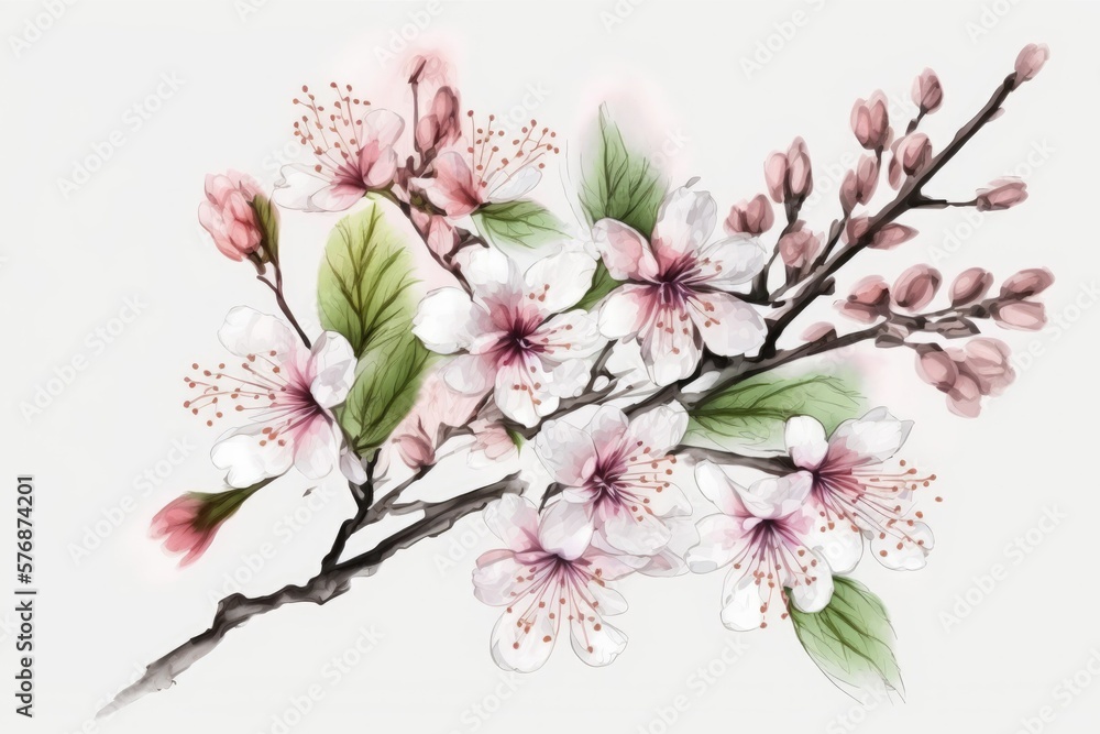 Sakura cherry blossoms in pink, arranged against a white background. Not really deep. A gentle pastel color scheme. The blossoming of spring. Blanket copy space. Generative AI