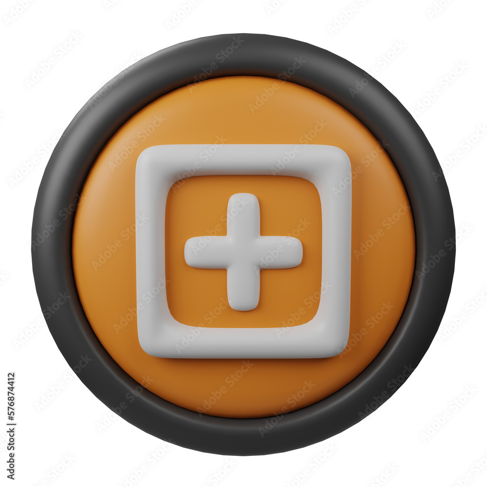 Fototapeta premium 3D Rendered Add Button Icon with Orange Color and Black Border for Creative User Interface and web design, Add Button symbol isolated on white background