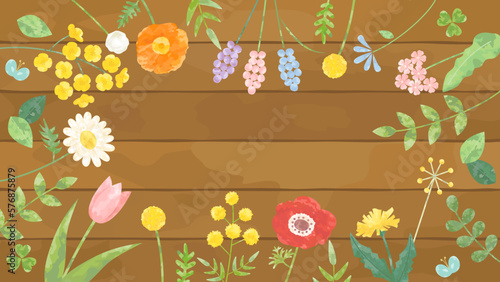 菜の花やチューリップなどの春の花と木のボードを組み合わせたイラスト　アスペクト比16：9バージョン