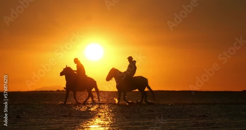 Woman and Man riding Camargue Horse, Trotting at Sunrise, Manadier in Saintes Maries de la Mer in Camargue, in the South of France , Cow Boy, Slow Motion 4K