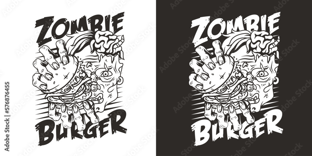 Zombie burger or american fast food or USA food with walking dead or undead with hamburger for logo or poster. Tasty burger in zombie hands