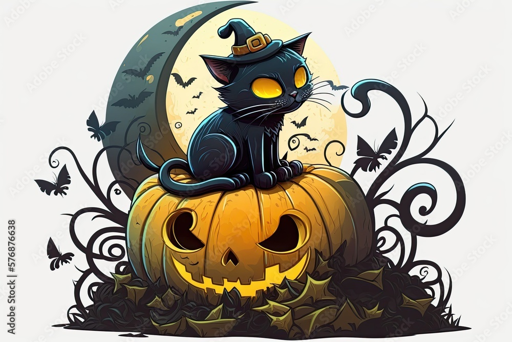 A black cat dressed as a witch for Halloween. A Scottish kitty takes a nap on top of a carved pumpkin featuring a scary masked face. Generative AI