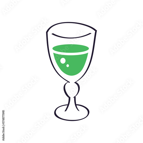 Green alcoholic cocktail drink, absinthe glass isolated vector illustration.