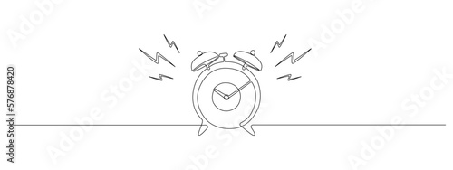 One continuous line drawing of morning alarm clock. Ringing watch to wake up in simple linear style. Reminder and school schedule concept. Editable stroke. Doodle vector illustration