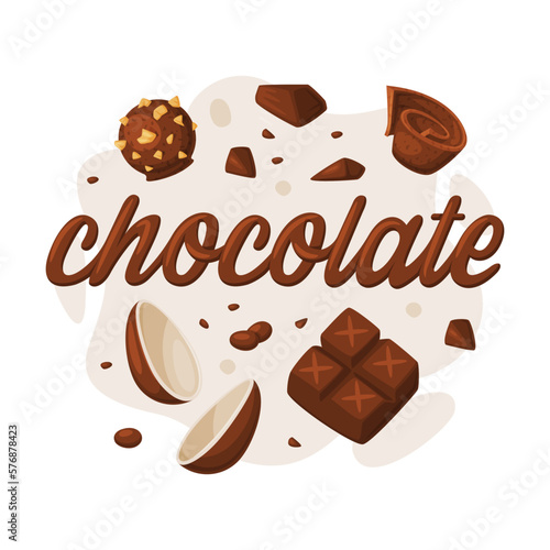 Chocolate set. Chocolate egg, bar, candy. Tasty sweet dessert cartoon vector illustration