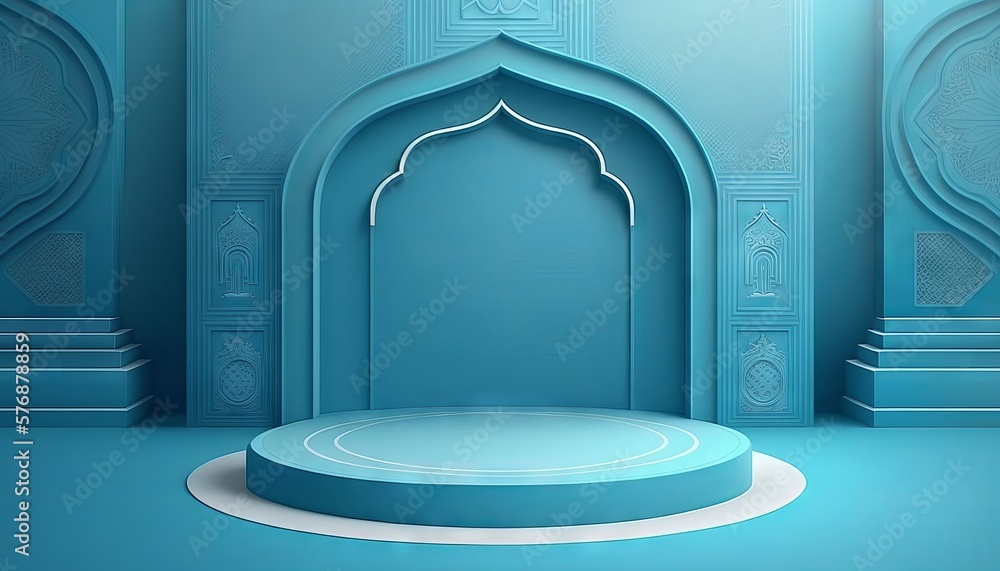 Blue soft pastel podium islamic Background. ramadhan ornament on blue soft Carpet Background. Generative ai Blue soft pastel podium islamic Background. ramadhan ornament on blue soft Carpet Background. Generative ai