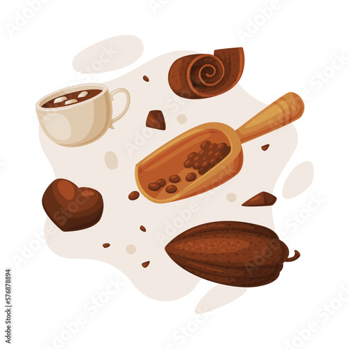 Chocolate set. Cocoa beans, hot chocolate cup and wooden scoop cartoon vector illustration