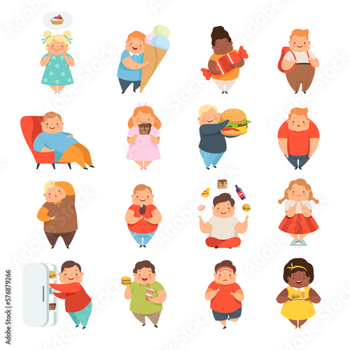 Overweight children eating junk food set. Harmful food, obesity problem cartoon vector illustration
