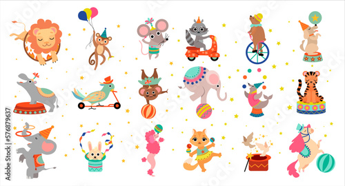 Cute circus animals performing tricks set. Funny baby lion, monkey, mouse, raccoon, elephant, tiger performing at circus show cartoon vector illustration