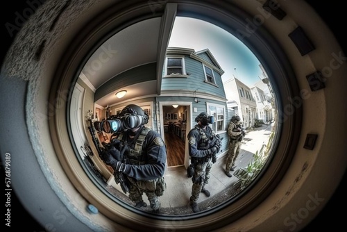Swat agents on the threshold, concept of Surveillance and Breach, created with Generative AI technology photo