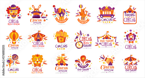 Circus Artist Character with Clown, Strongman and Acrobat Performing on Stage or Arena Vector Set