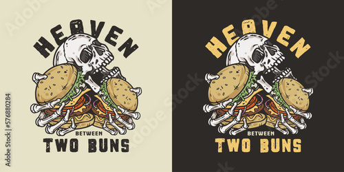Burger in skeleton hands. American fast food or USA food with skull, bones and burger with meat, cheese and vegetable for logo or poster