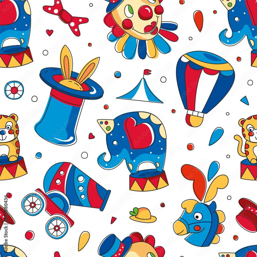 Fototapeta premium Circus objects seamless pattern. Wallpaper, textile, background with carnival show repeating print vector