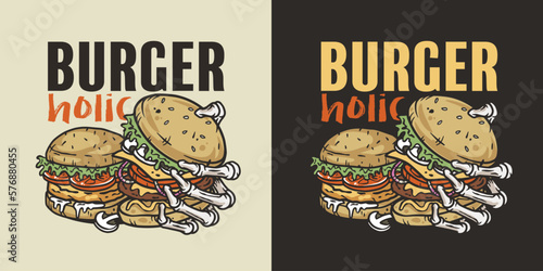 Burger in skeleton hands. American fast food or USA food with bones and hamburger with meat, cheese and vegetable for logo or poster