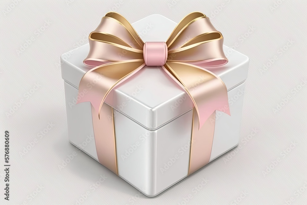Obraz premium White gift box on white background with pink ribbon bow basic conceptual. Generative AI