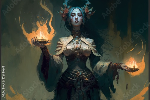 Fototapeta Evil Fantasy Priestess, Casting Magic, Ritual, Character Concept, Digital Illust