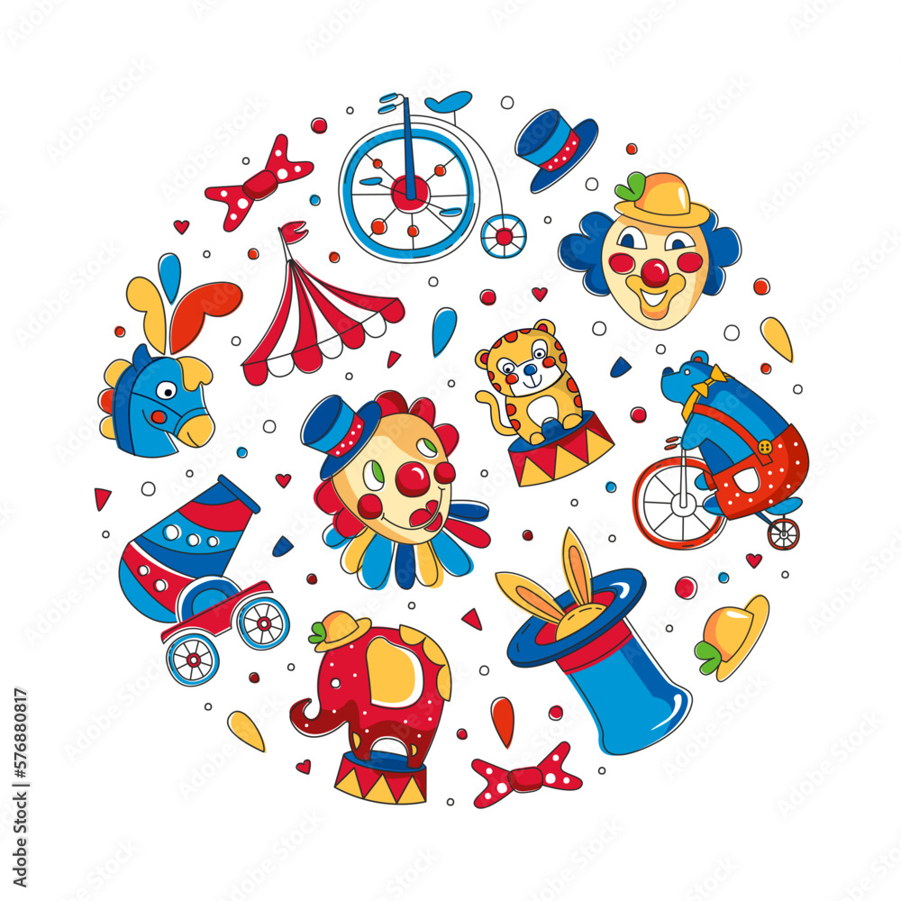 Circus objects seamless pattern in round shape. Banner, poster, background with carnival show repeating print vector Circus objects seamless pattern in round shape. Banner, poster, background with carnival show repeating print vector