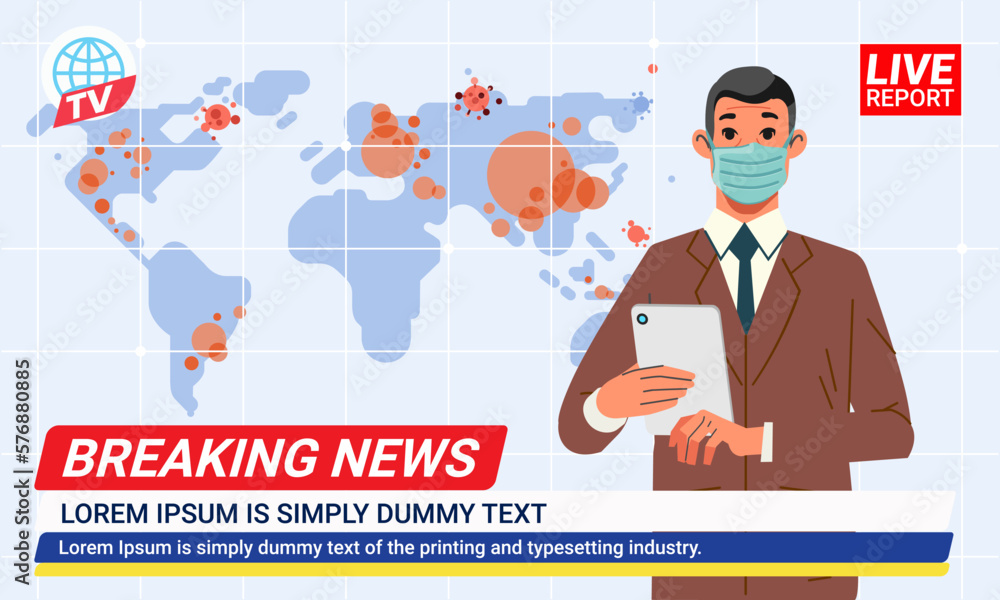 News anchors with medical mask reporting spread pandemic in TV studio presenters on breaking news with world map background News anchors with medical mask reporting spread pandemic in TV studio presenters on breaking news with world map background