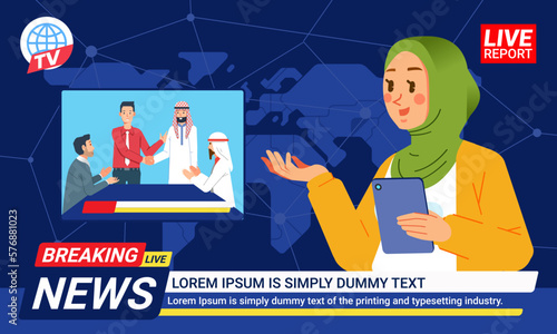 News woman hijab muslim anchor broadcasting the news business cooperation working in newsroom with world map background