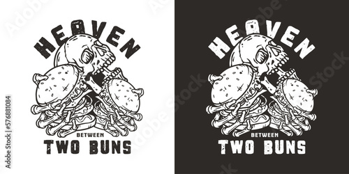 Burger in skeleton hands. American fast food or USA food with skull, bones and burger with meat, cheese and vegetable for logo or poster