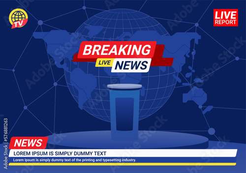 Studio interior for breaking news TV broadcasting with anchorman table on pedestal world map background
