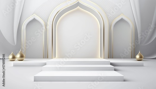 White soft pastel podium islamic Background. ramadhan ornament on White soft Carpet Background. Generative ai