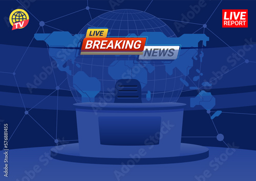 Interior studio for breaking news TV broadcasting with anchorman table on pedestal world map background