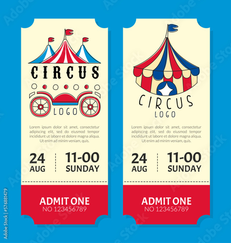 Show circus vertical vintage tickets set. Admit one coupon mention, barcode and text for festival and amusing fairground vector