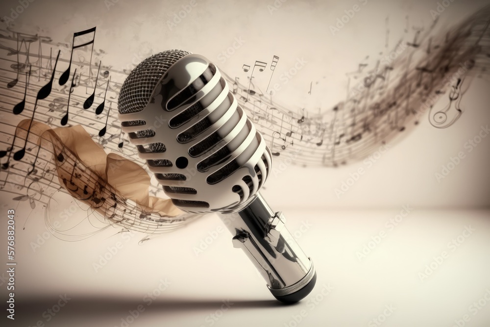 Fototapeta premium Microphone releasing musical notes, musical notes coming out of microphone, Generative AI 