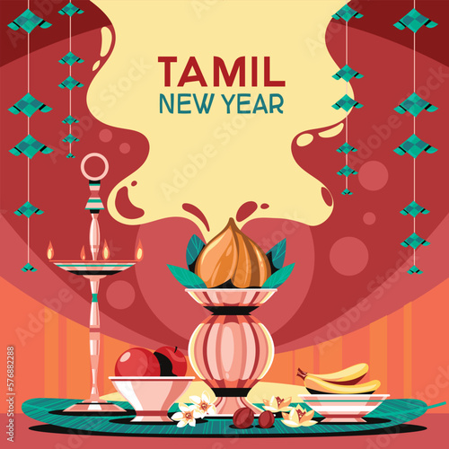 Happy Tamil New Year Greetings with lamp sculpture