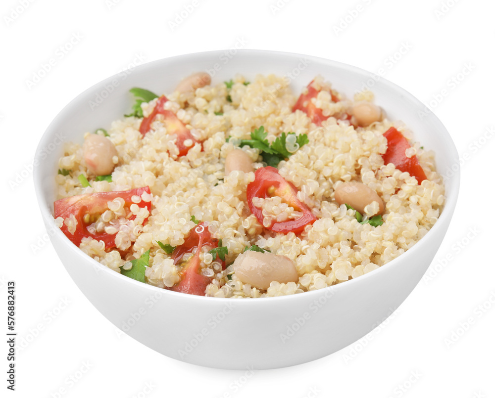 Delicious quinoa salad with tomatoes, beans and parsley isolated on white