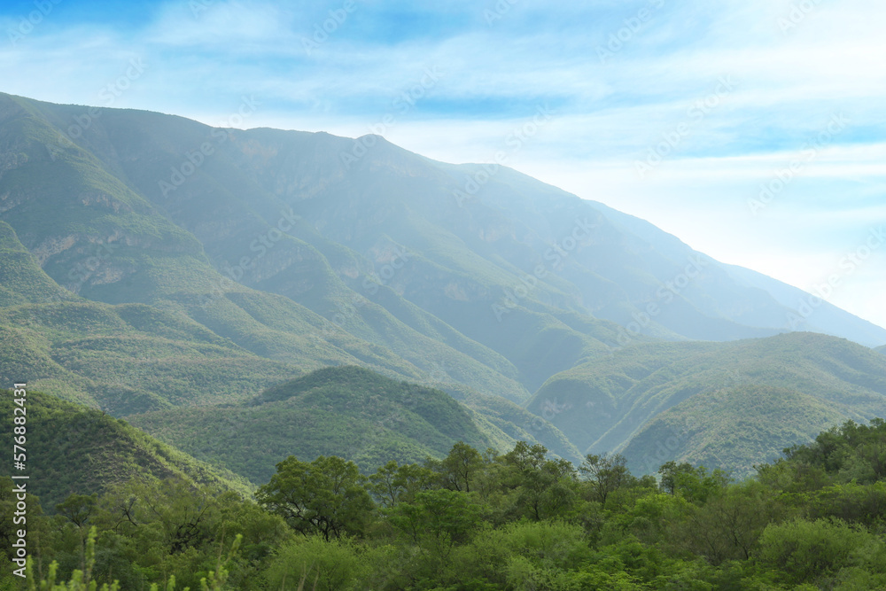 Naklejka premium Picturesque landscape with beautiful high mountains outdoors