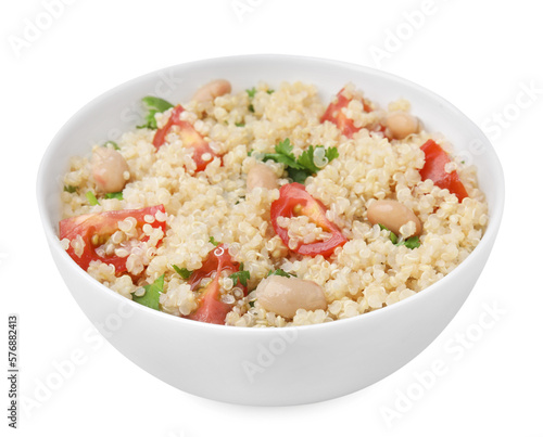 Delicious quinoa salad with tomatoes, beans and parsley isolated on white