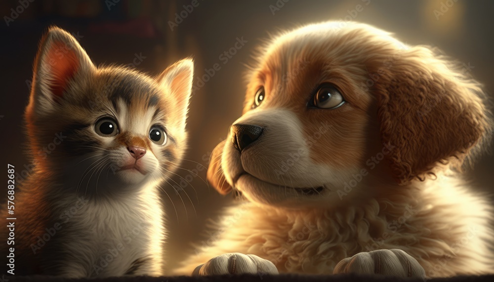 Adorable baby dog and cat together in cartoon style. Created with Generative AI. Adorable baby dog and cat together in cartoon style. Created with Generative AI.
