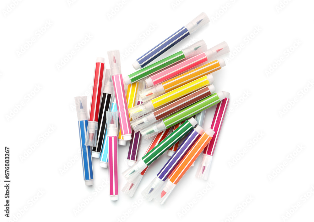 Many bright markers isolated on white, top view Many bright markers isolated on white, top view