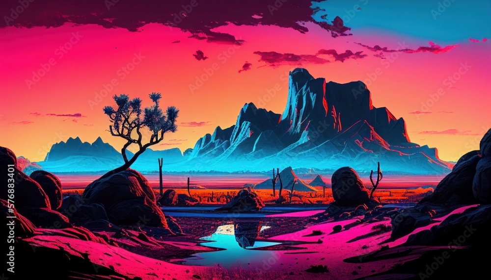 Nevada Desert in Retro Synthwave Style - Generative Ai Illustration 