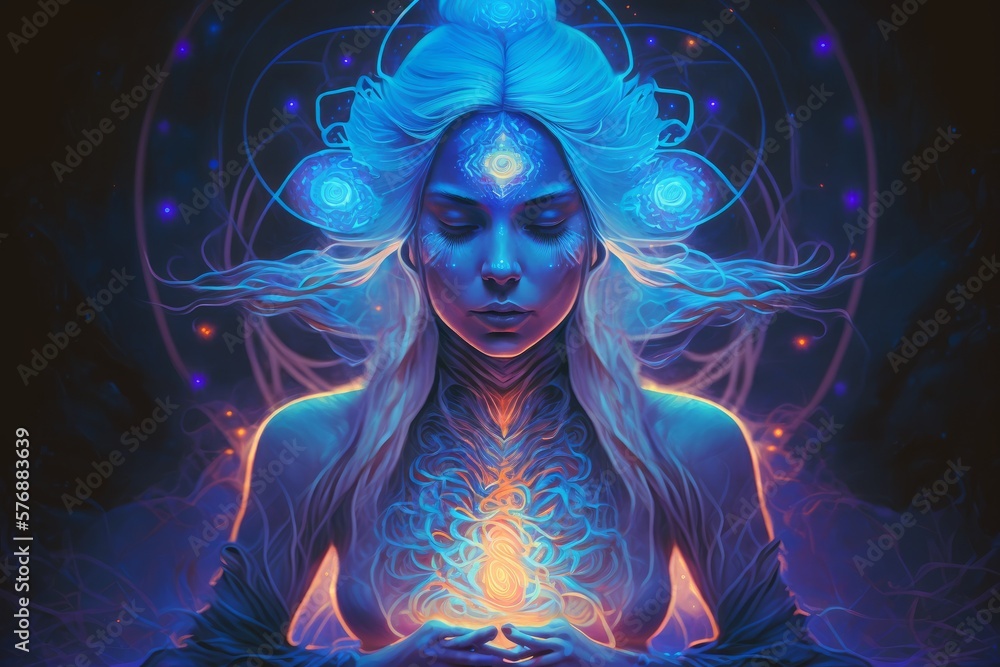 Cosmic Goddess Heart Opening in Blue and Purple Mandala Style - Generative AI Illustration  - obrazy, fototapety, plakaty 