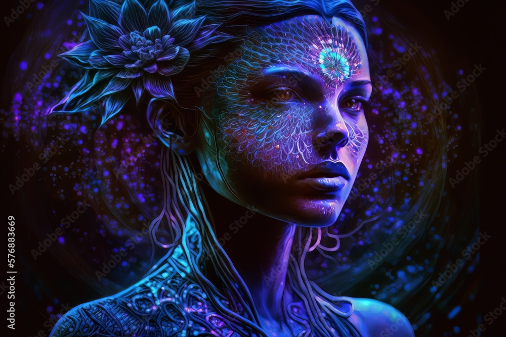 custom made wallpaper toronto digitalThird Eye Cosmic Princess - Purple Neon Mandala Style - Generative AI Illustration 