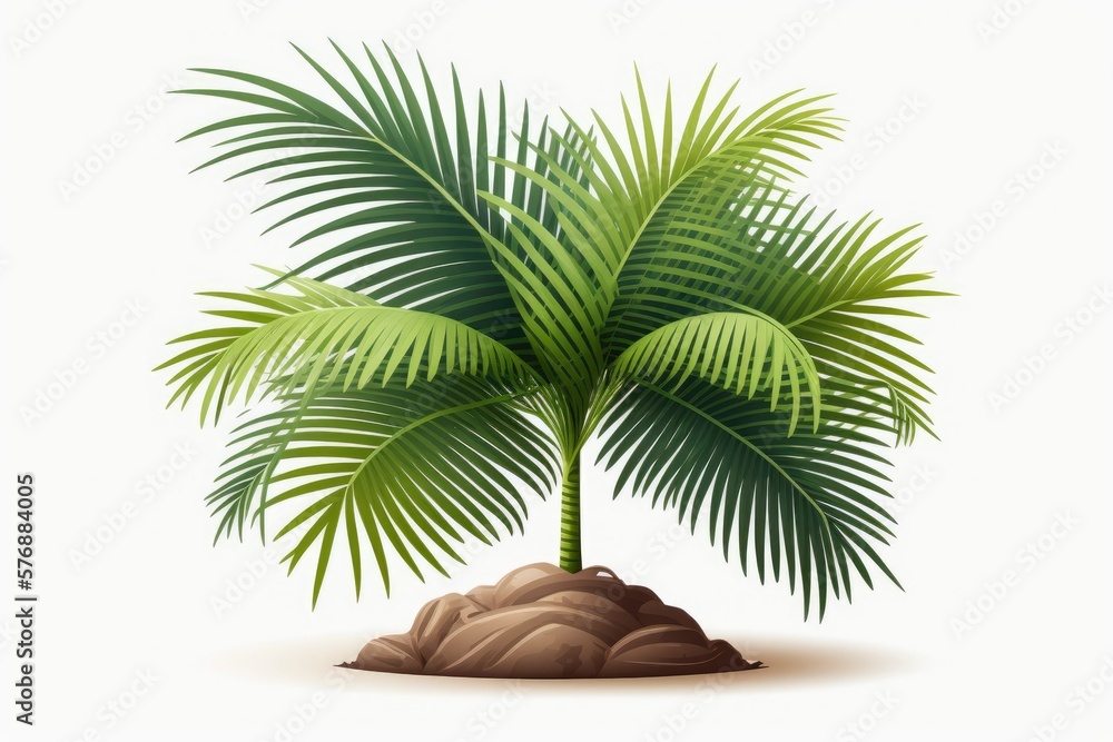 Plantling of a young coconut palm tree, isolated on a white background. Generative AI